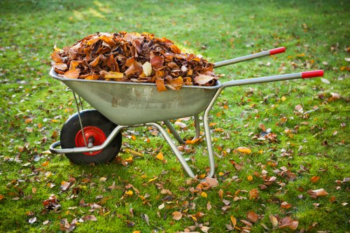 A silver metal wheelbarrow with red handles and a black wheel, positioned on a grassy area with scattered fallen autumn leaves, is filled with a large pile of brown and yellow dried leaves. The scene appears to be outdoors, possibly in a garden or a park, with the wheelbarrow ready for leaf collection or disposal, indicative of a rubbish removal service such as offered by Commercial Waste Welwyn. The background shows the continuation of the grassy surface with additional fallen leaves, emphasizing the seasonal context and the outdoor environment. The image highlights equipment used in clearing and collecting garden or yard waste, relevant to rubbish removal activities within the Welwyn area. The natural, diffuse lighting underscores the outdoor setting, with the focus on preparing debris for removal or disposal. The overall scene is clean, uncluttered, and representative of garden waste management work.